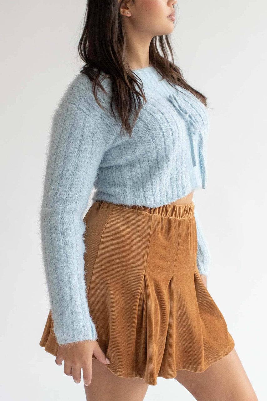 Camel Pleated Corduroy Skater Skirt Product Image