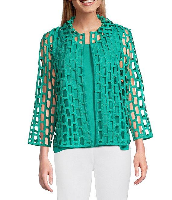 Ming Wang Novelty Woven Square Geo Cutout Spread Collar 3/4 Sleeve Jacket Product Image