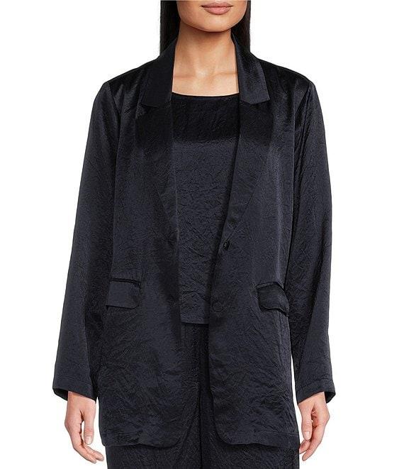 Eileen Fisher Textured Satin Notch Lapel Long Sleeve Flap Pocket Button Front Blazer Product Image