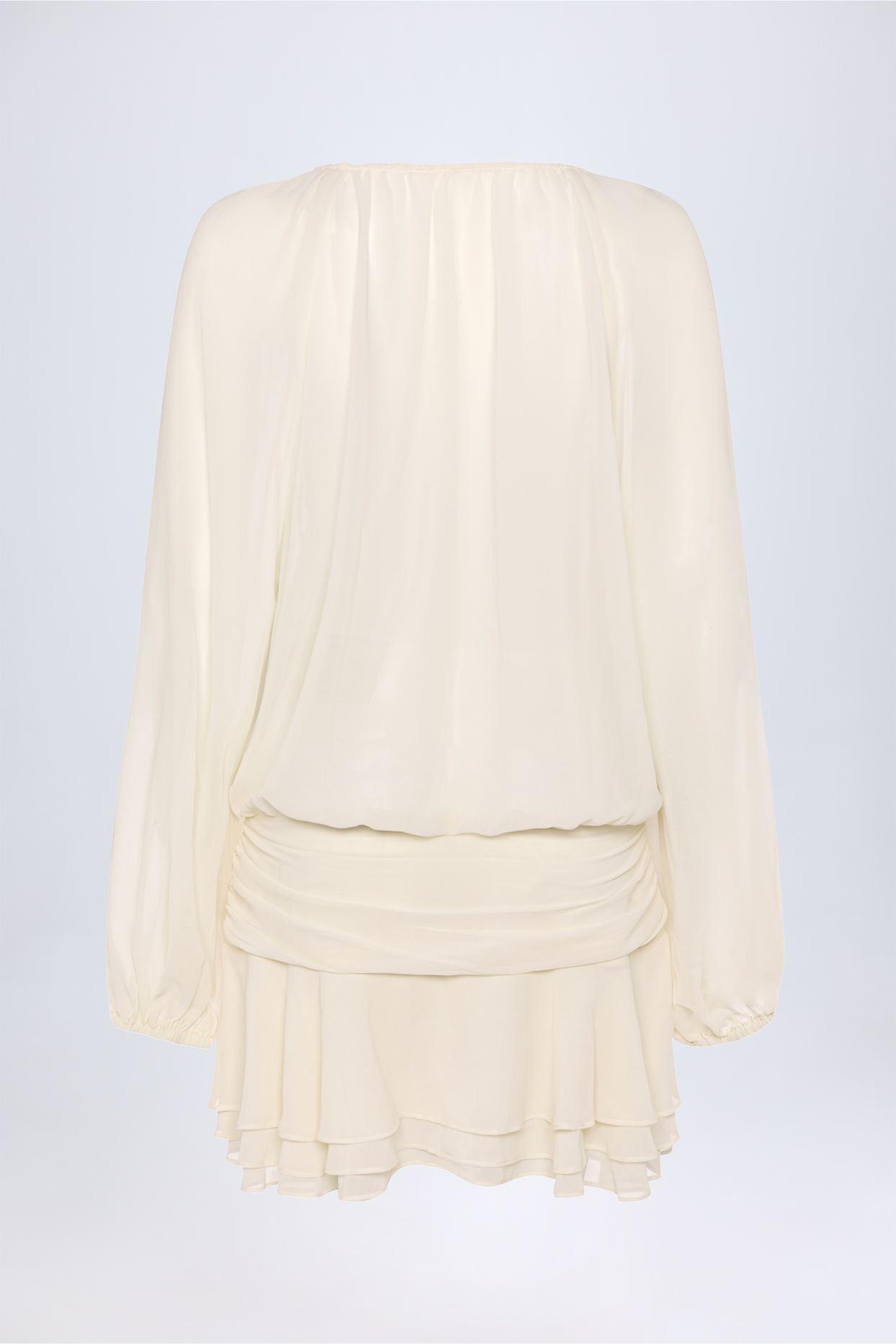 Lace-Up Balloon-Sleeve Mini Dress in Ivory Product Image