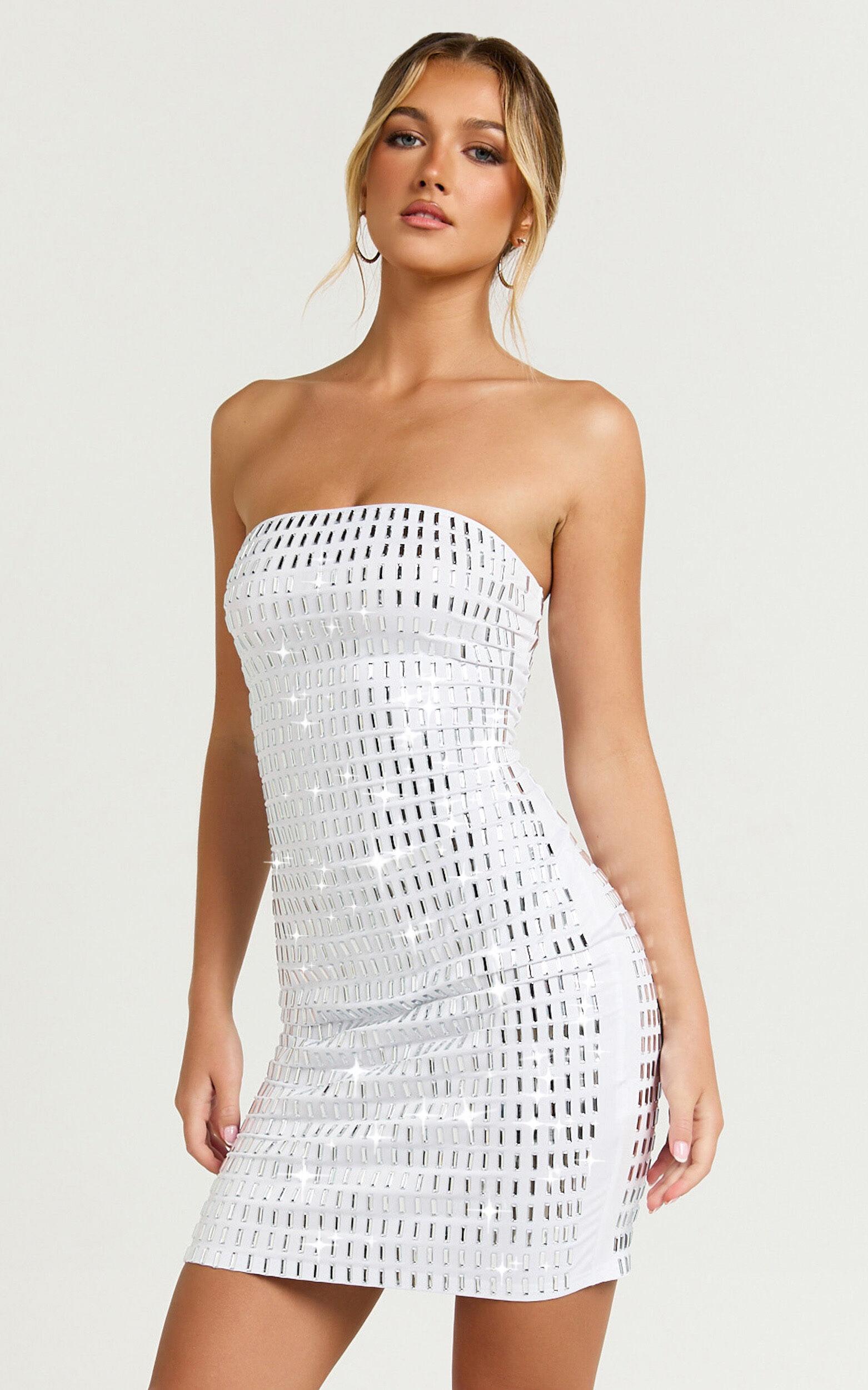 Joyce Mini Dress - Heat Press Strapless Dress in Silver Product Image