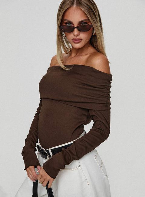Spoilt Off The Shoulder Bodysuit Brown Product Image