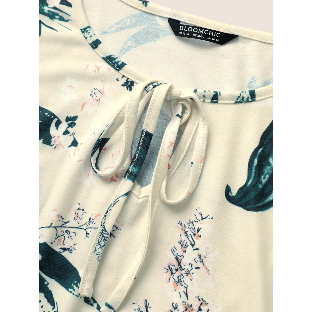 Plus Size Plants Print Knot Ties Gathered Pajama Sets Women Yellow Plants Non Half Sleeve Round Neck Lounge Loungewear Sets BloomChic 12/L Product Image