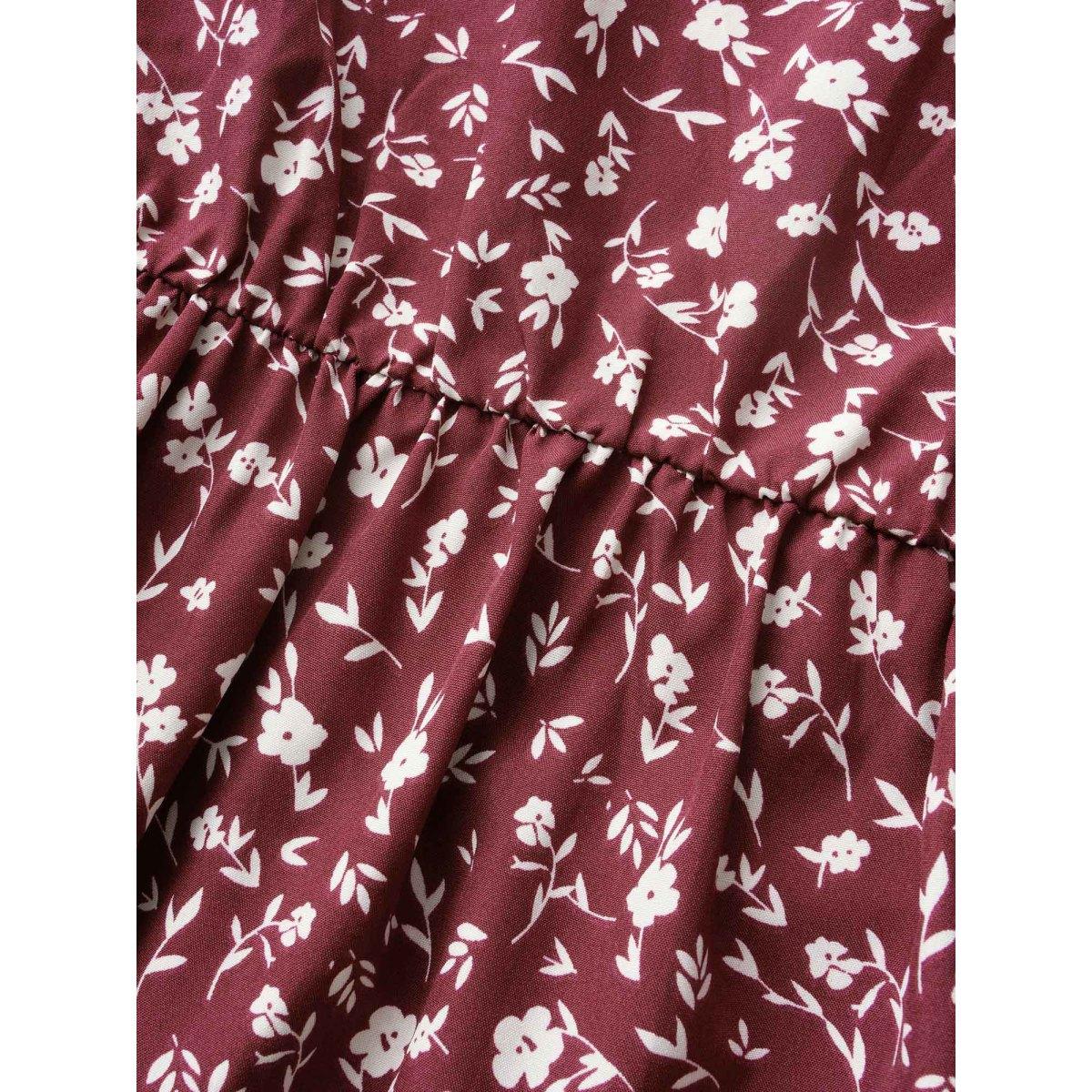 Plus Size Ditsy Floral U Neck Ruffle Sleeve Dress Burgundy Women Elegant Non U-neck Short sleeve Curvy BloomChic 10/M Product Image