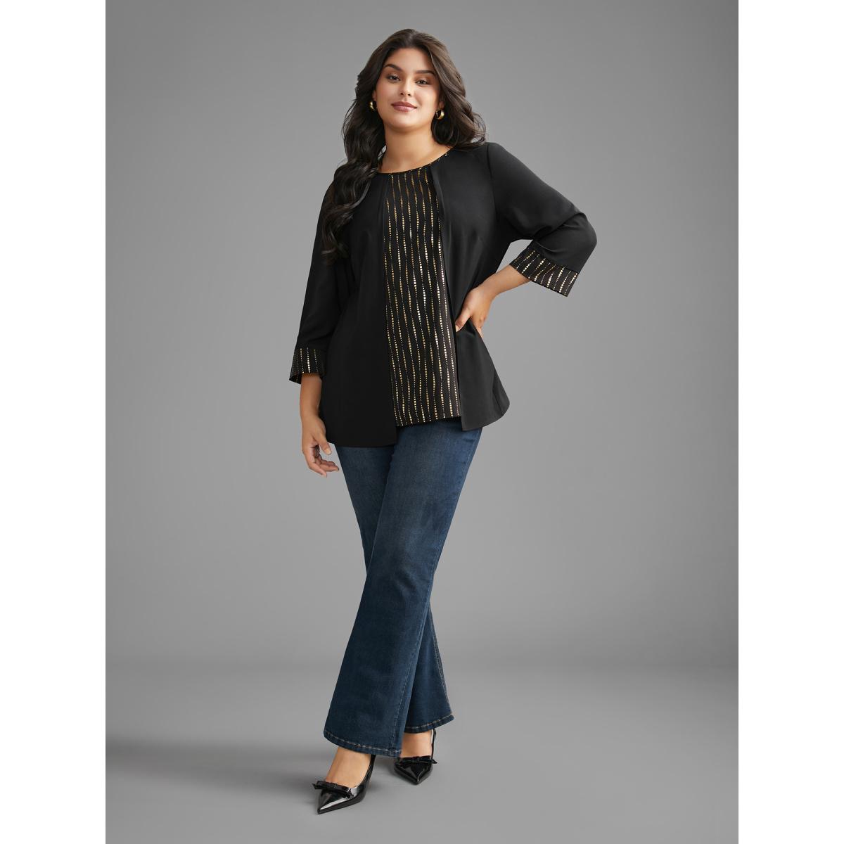 Plus Size Black Crew Neck Glitter Patchwork Contrast Blouse Women Cocktail Long Sleeve Round Neck Party Blouses BloomChic 12/L Product Image