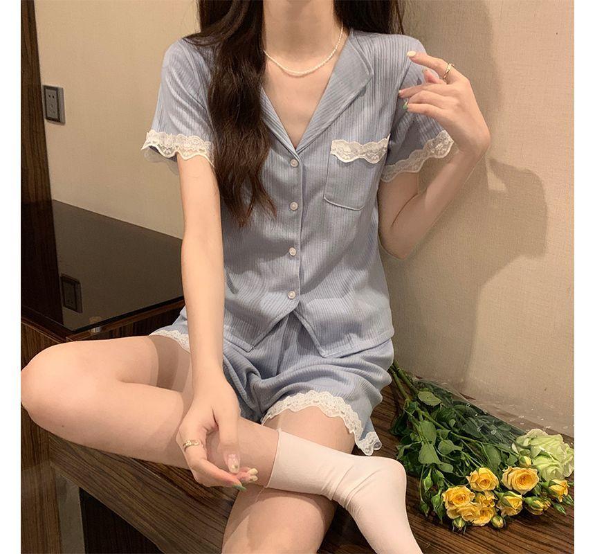 Pajama Set: Short-Sleeve Lace Trim Shirt + Shorts Product Image