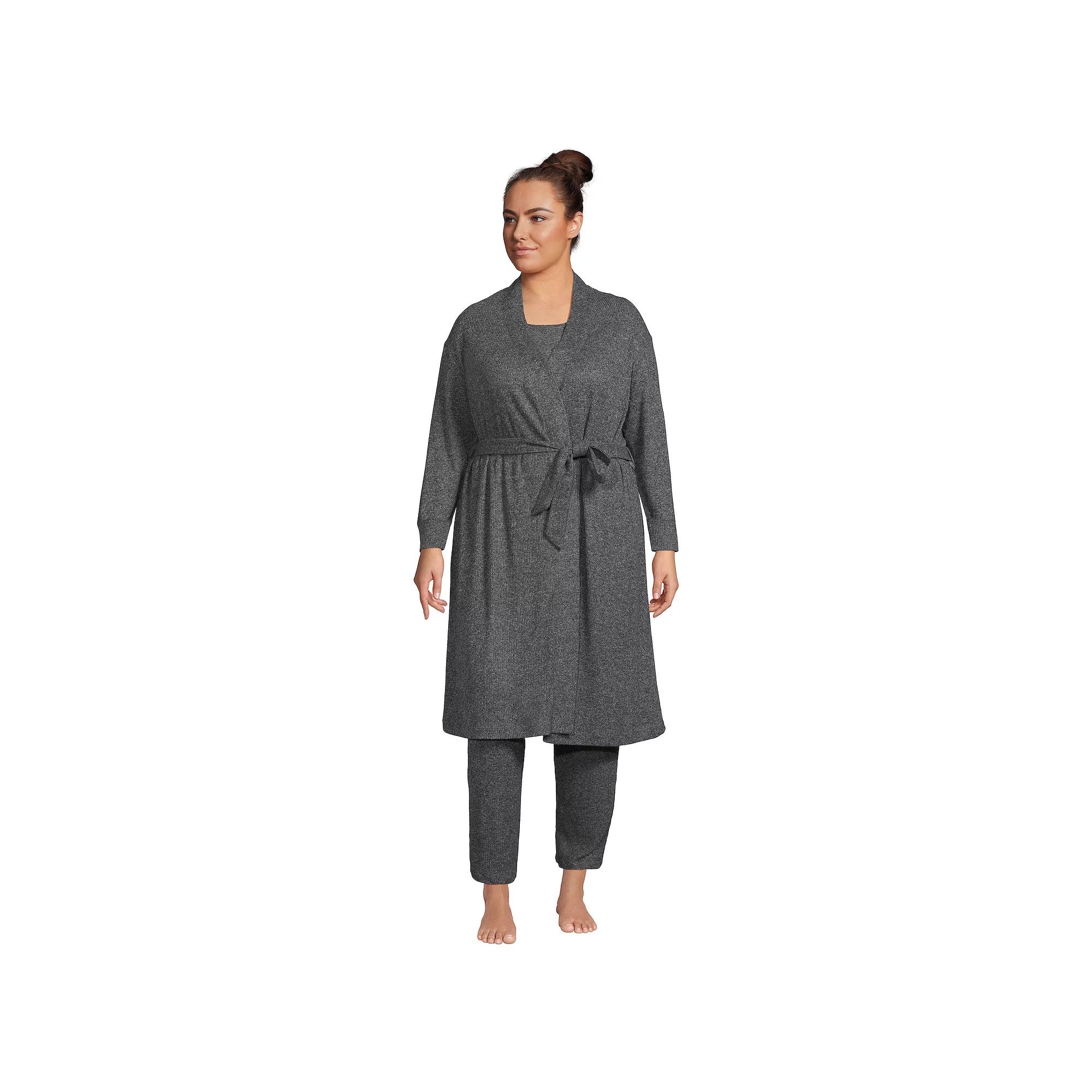 Plus Size Lands' End Women's Cozy 3 Piece Pajama Top, Pajama Pants & Robe Sleep Set, Size: 1XL, Rich Red Product Image