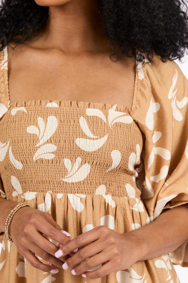 Swing Of Things Neutral Printed Smocked Midi Dress Product Image