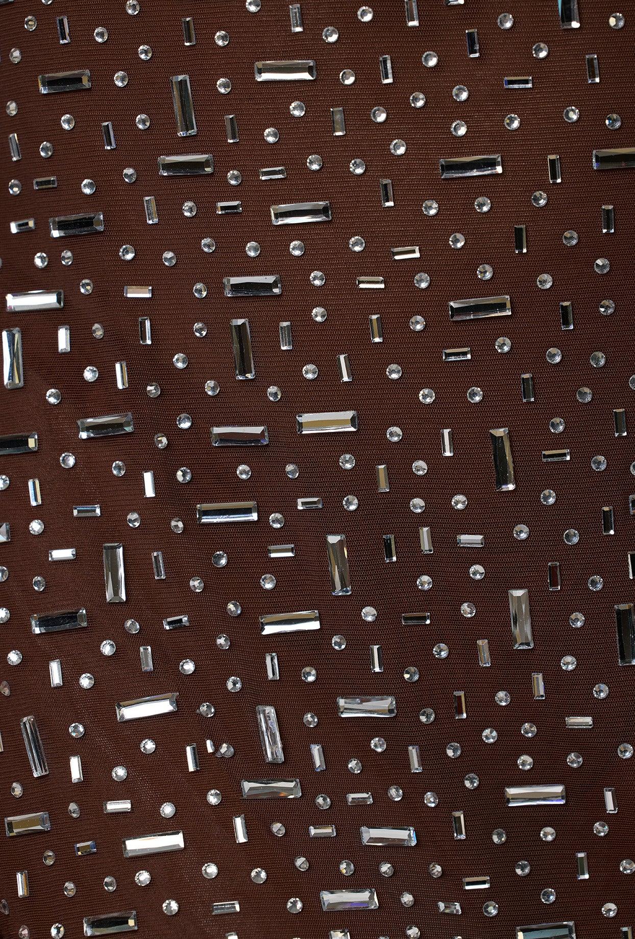 Sheer Embellished Long Sleeve A-Line Mini Dress in Deep Cocoa Product Image