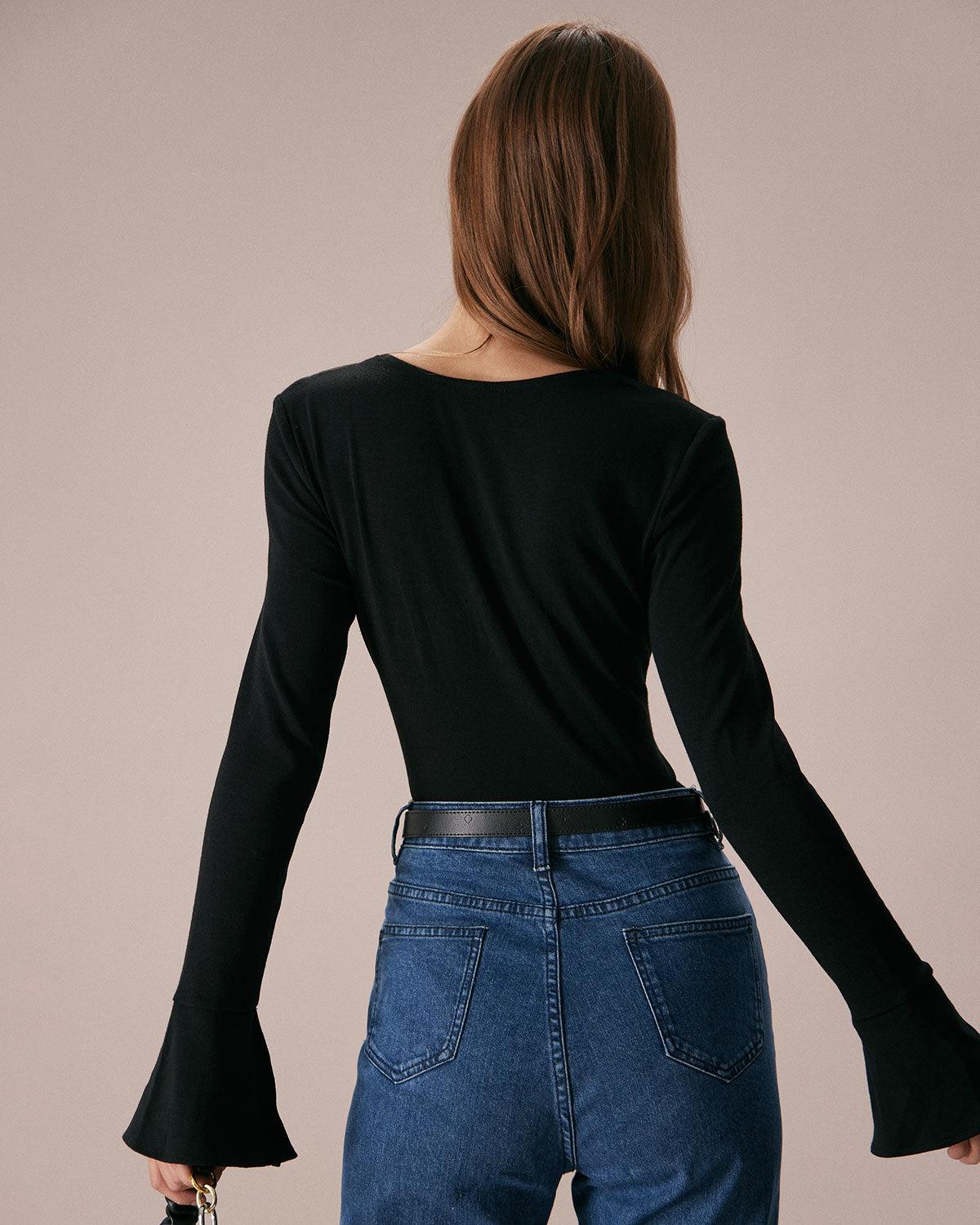 The Black Square Neck Slit Flare Sleeve Tee Product Image