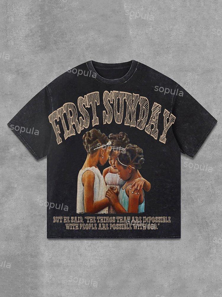 Sopula Retro First Sunday Faith Bible Graphic Print Acid Washed Street T-Shirt Product Image