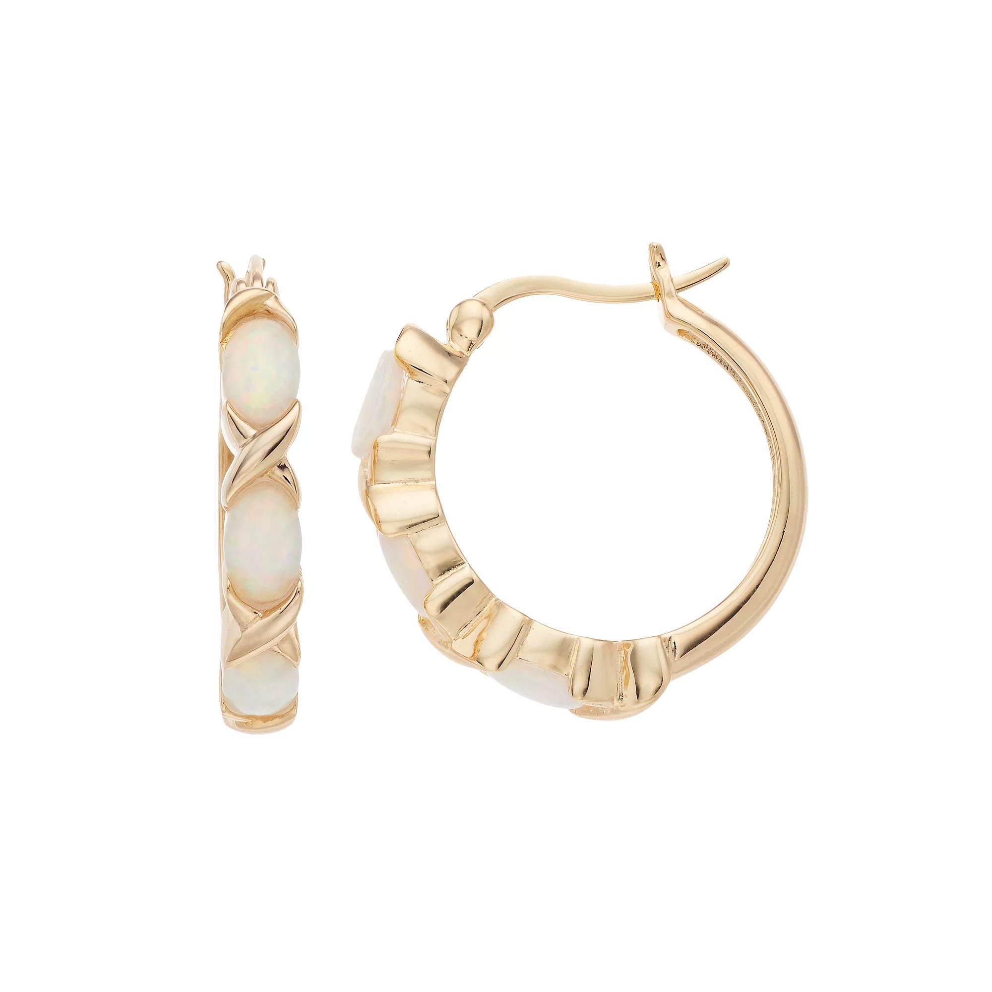 Gemminded 18k Gold Over Silver Lab-Created Opal Hoop Earrings, Womens, Gold Tone Product Image