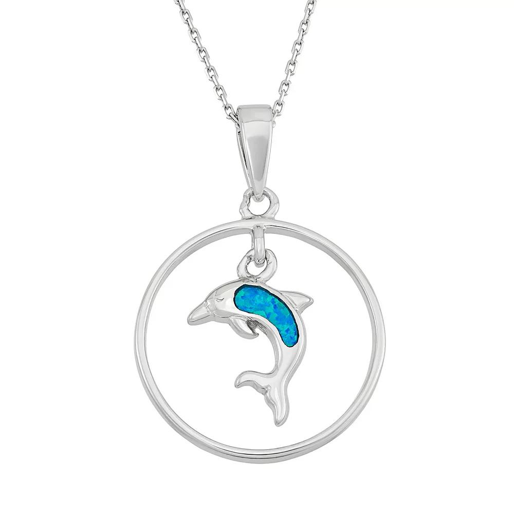 Lab-Created Blue Opal Sterling Silver Dolphin Circle Pendant Necklace, Women's, Size: 18" Product Image