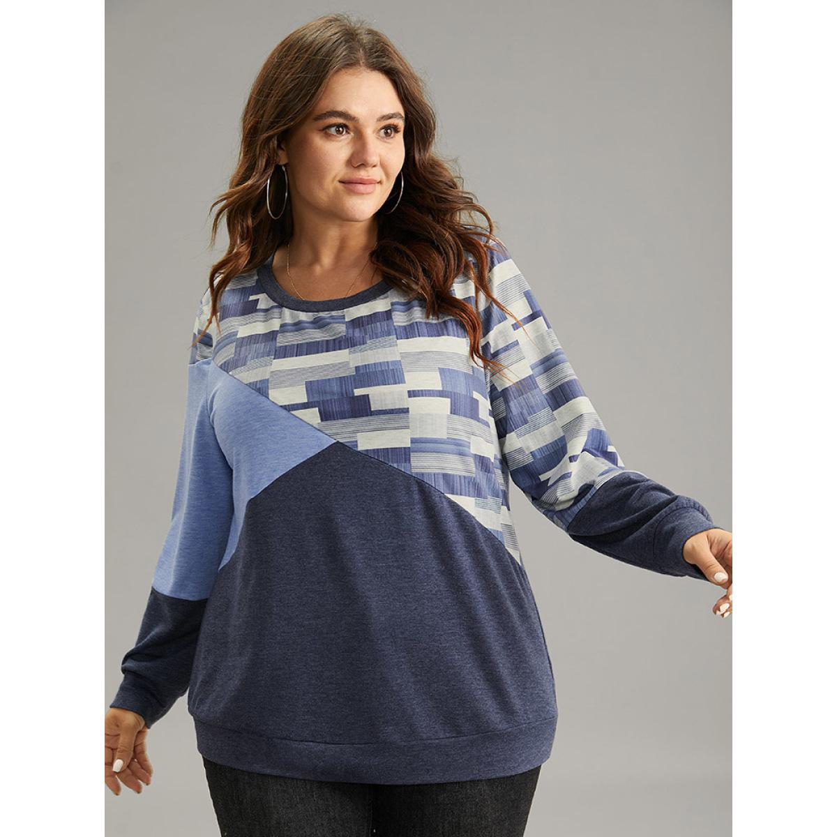 Plus Size Geometric Colorblock Contrast Crew Neck Sweatshirt Women Indigo Casual Contrast Round Neck Dailywear Sweatshirts BloomChic 14-16/1X Product Image