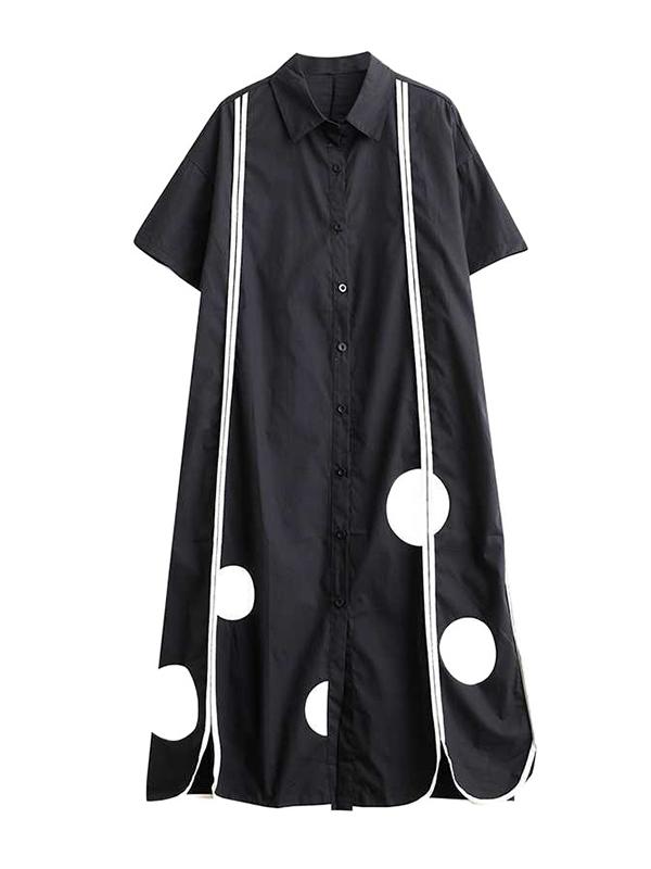 A-Line Half Sleeves Buttoned Pockets Polka-Dot Split-Front Split-Joint Lapel Midi Dresses Shirt Dress Product Image