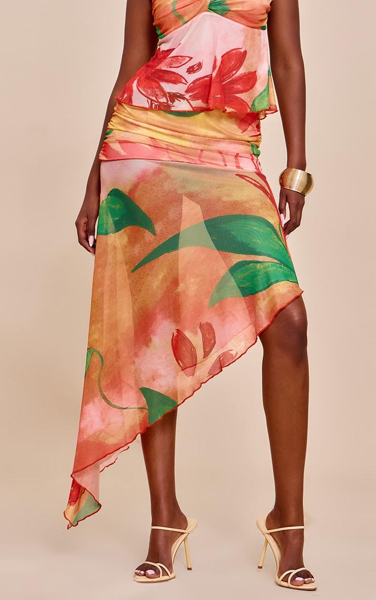  Multi Print Mesh Asymmetric Midi Skirt Product Image