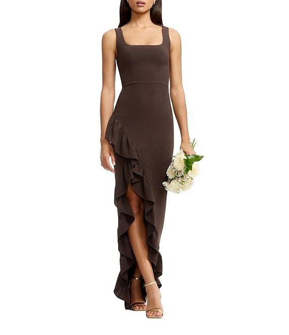 Dress the Population Charlene Square Neck Sleeveless Cascading Ruffle Side Slit Gown Product Image