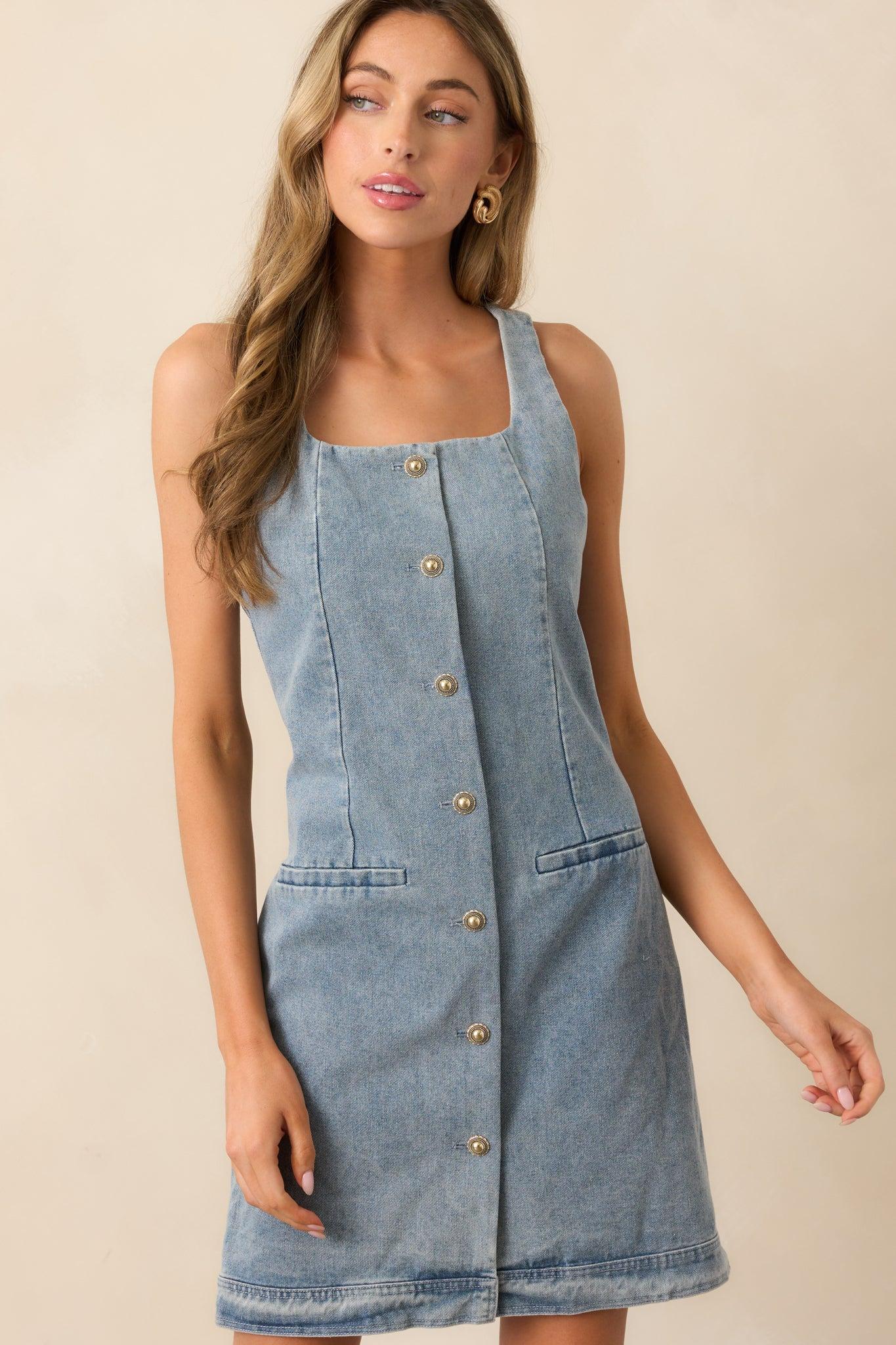 Urban Dreams Light Wash Button Front Denim Mini Dress Product Image