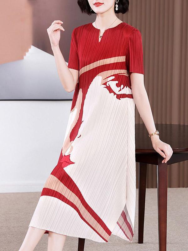A-Line Loose Figure Pleated V-Neck Midi Dresses Product Image