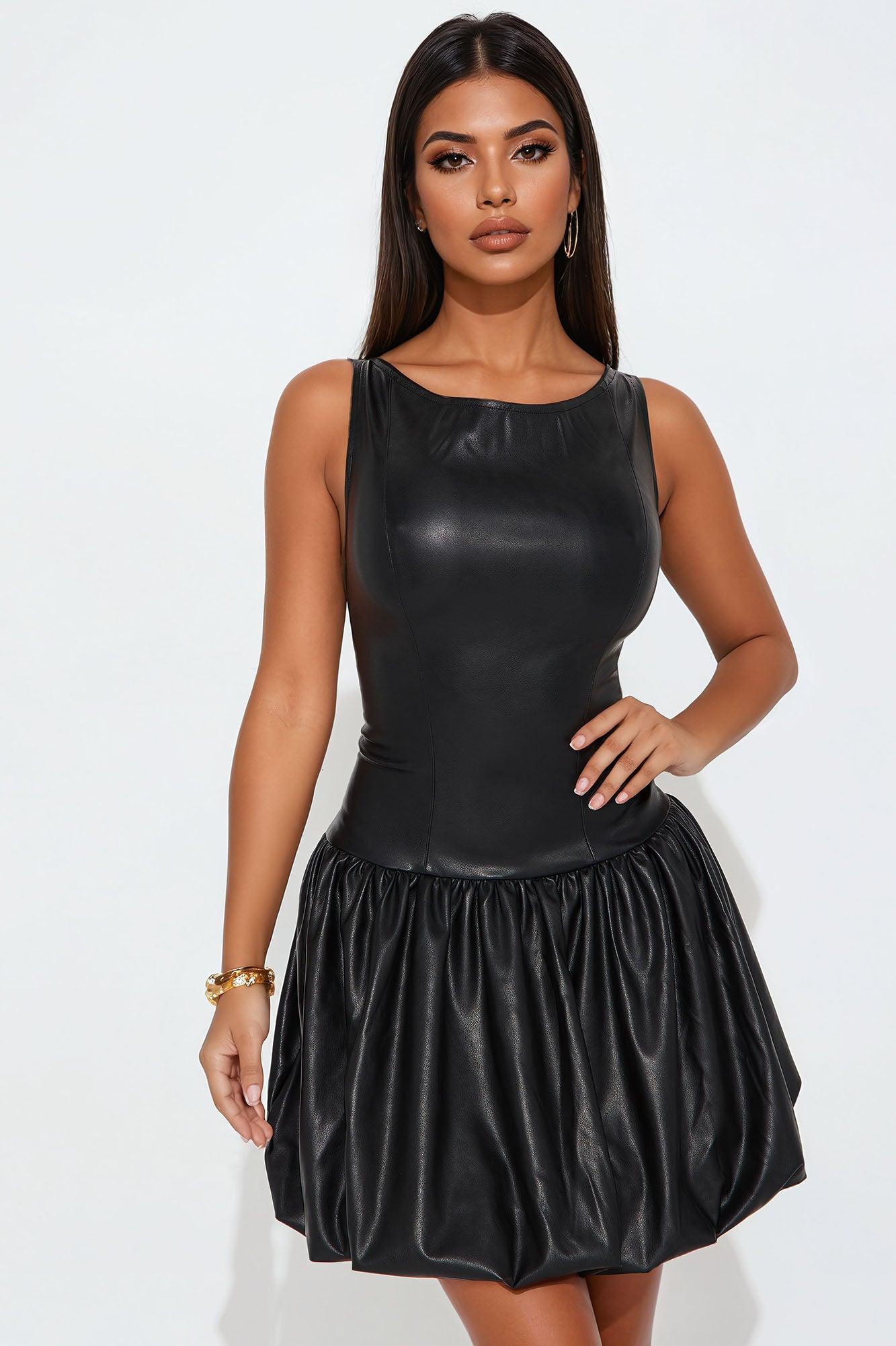 Kaia Faux Leather Bubble Mini Dress - Black Product Image