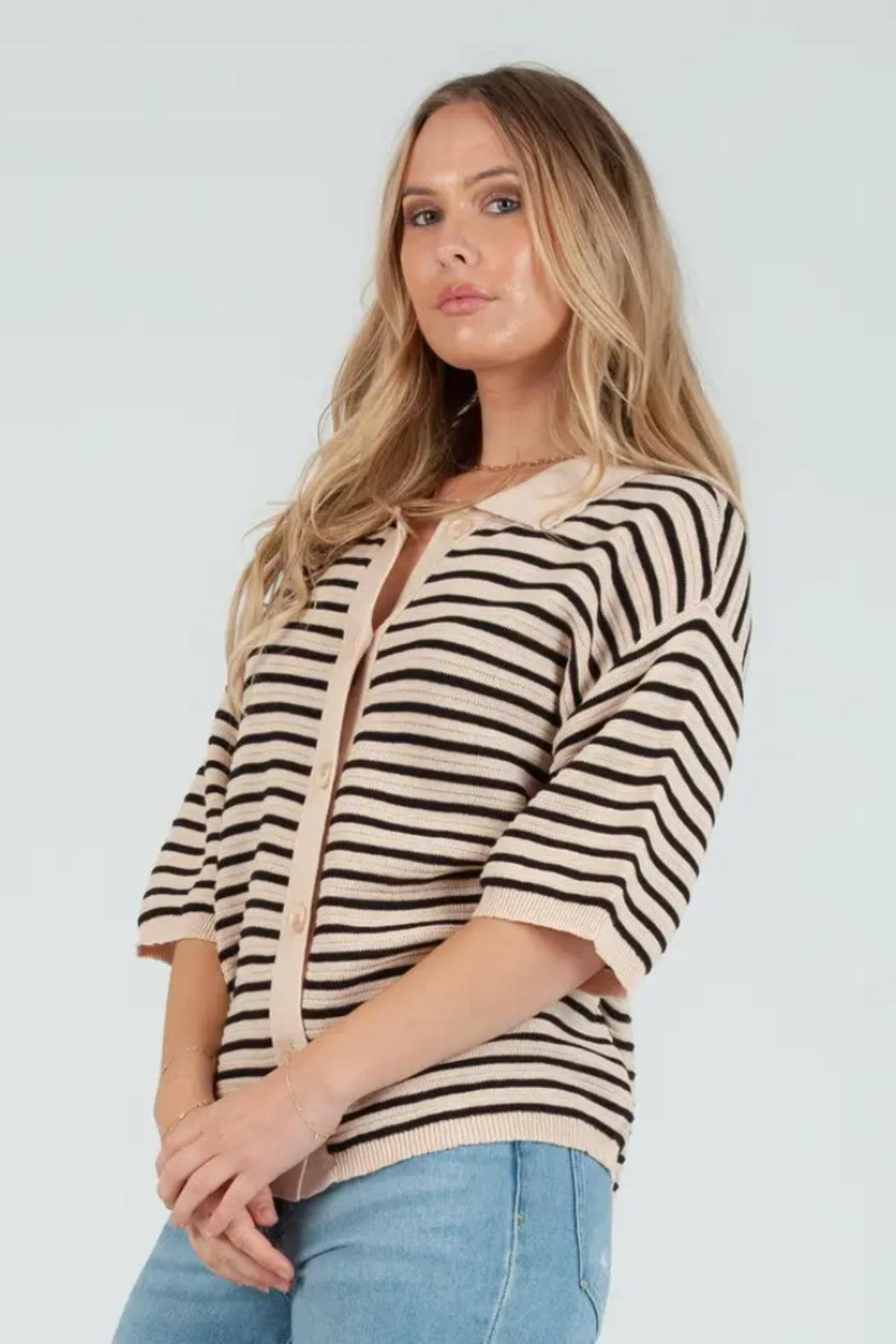Striped Knit Button Down Top Product Image