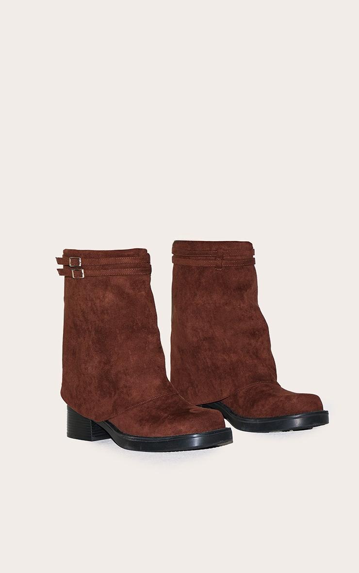 Chocolate Faux Suede Round Toe Fold Over Buckle Strap Ankle Boots Product Image