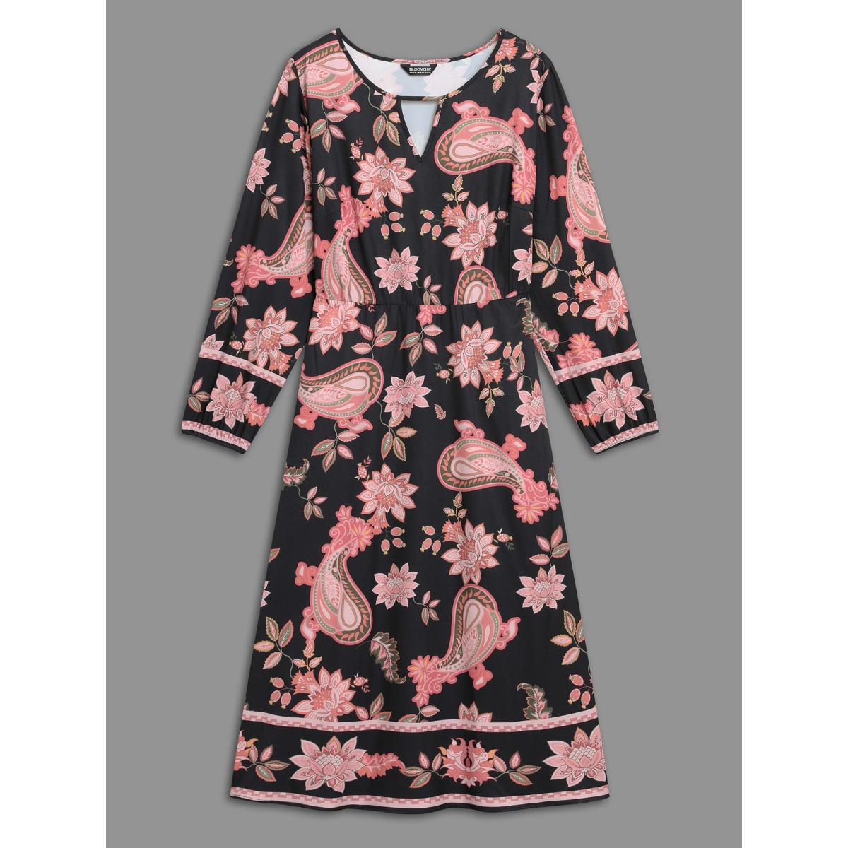 Plus Size Floral Boho Print Neck Cut-Out Dress Black Women Resort Cut-Out Notched collar Long Sleeve Curvy BloomChic 22-24/3X Product Image