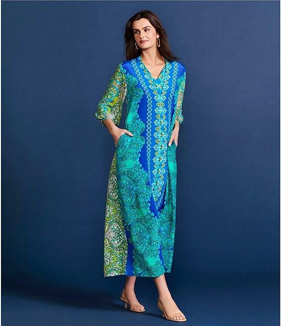JOHNNY WAS Kahinu Silk Ornate Print V-Neck 3/4 Sleeve Maxi Caftan Dress Product Image