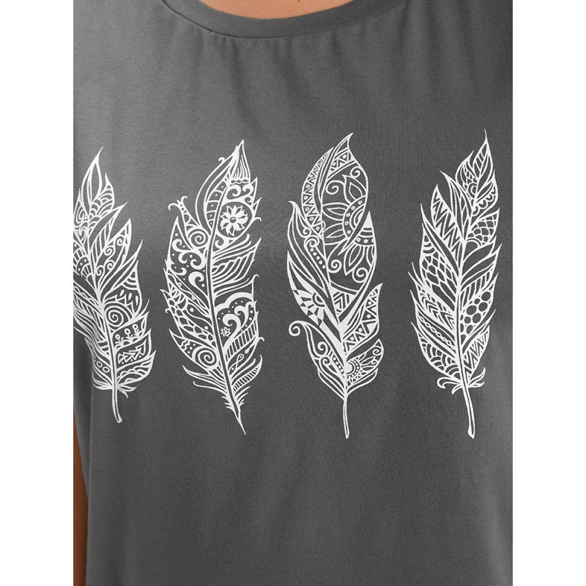 Plus Size Feather Print Roll Sleeve T-shirt DimGray Women Casual Printed Feather Dailywear T-shirts BloomChic 22-24/3X Product Image