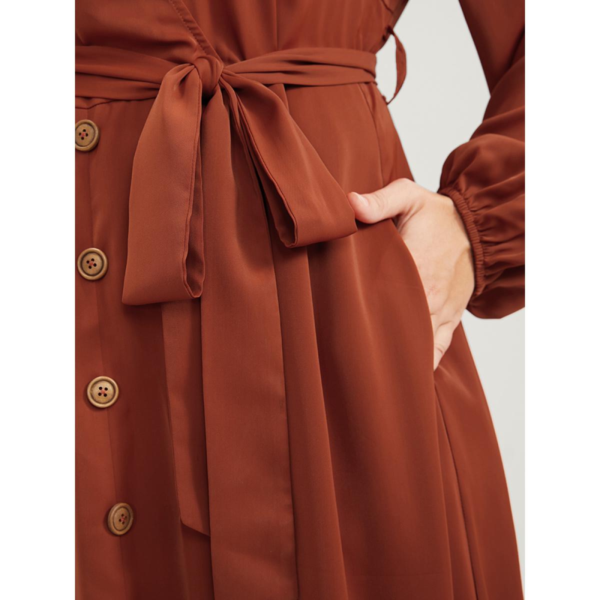 Plus Size Plain Lantern Sleeve Pocket Button Belted Split Front Wrap Dress Chocolate Women Office Button V-neck Long Sleeve Curvy Midi Dress BloomChic 26/4X Product Image