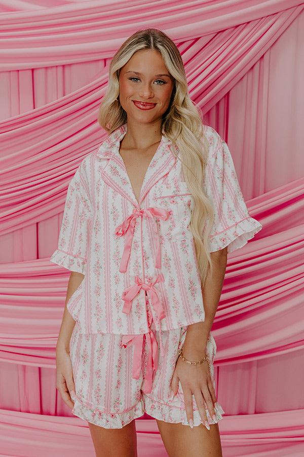Cozy Tea Time Floral Satin Pajama Top in Pink Product Image