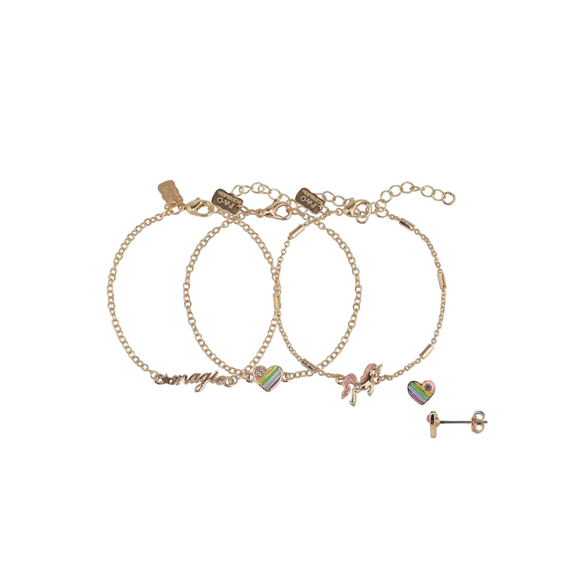 FAO Schwarz Gold Tone Unicorn Bracelet Trio & Earrings Set, Women's, Multi Product Image