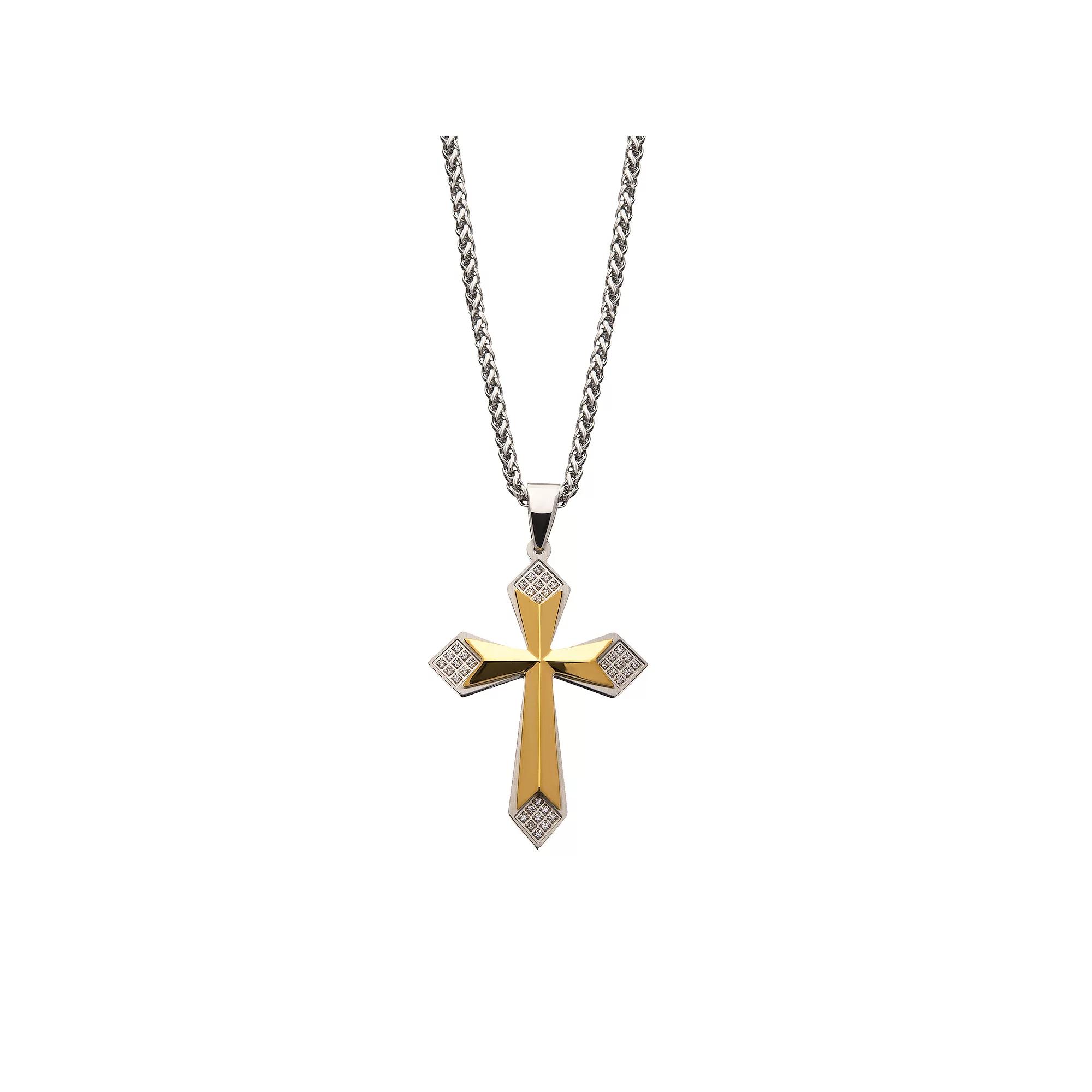 Two Tone Stainless Steel Cubic Zirconia Cross Pendant Necklace, Women's, Size: 24", Gold Tone Product Image