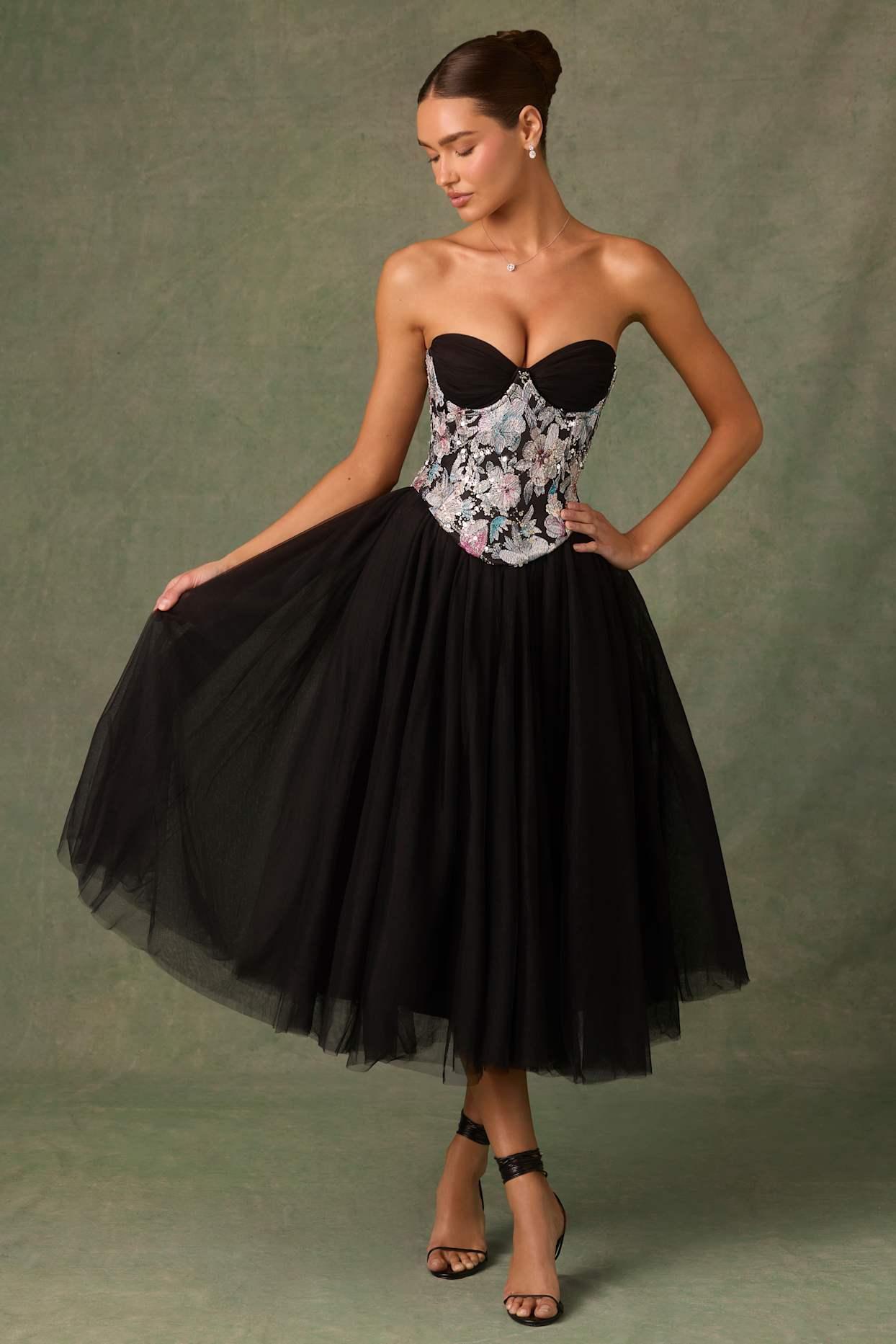 Tulle Corset Midaxi Dress in Black Product Image