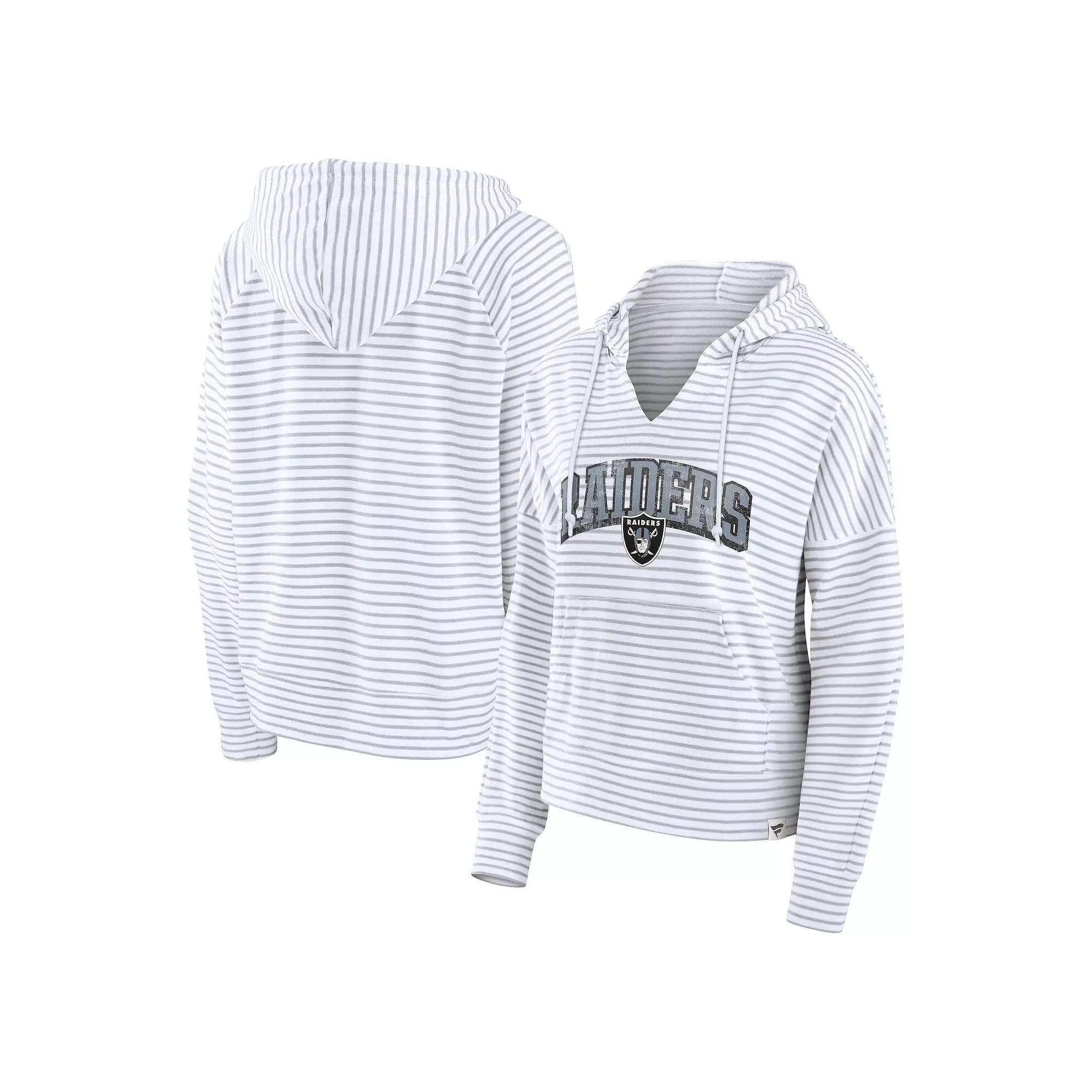 Women's Fanatics White/Gray Las Vegas Raiders Striped Notch Neck Pullover Hoodie,  Product Image