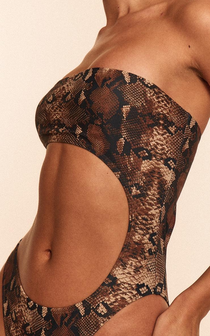 Brown Snake Print Bandeau Cut Out Swimsuit Product Image