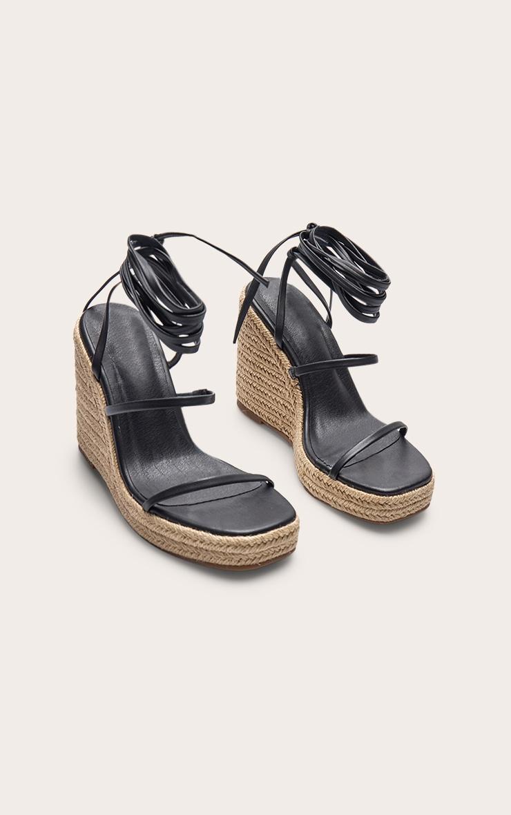 Black Pu Square Toe Espadrille Lace Up High Heeled Wedges Product Image