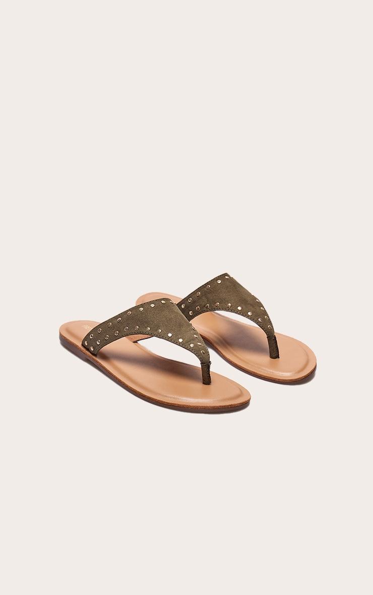 Olive Faux Suede Stud Detail Toe Thong Flat Sandals Product Image