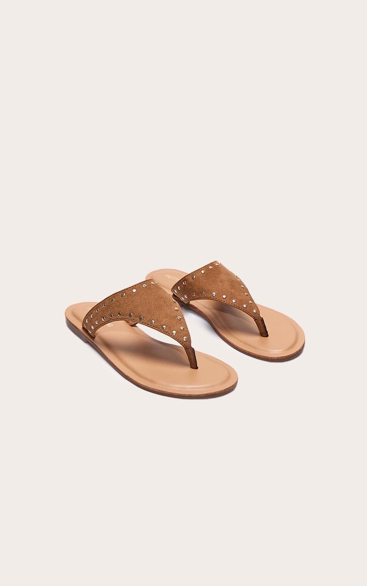 Tan Faux Suede Stud Detail Toe Thong Flat Sandals Product Image