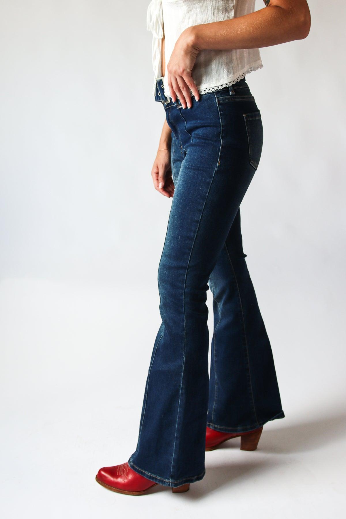 High Rise Belted Flare Jeans Product Image