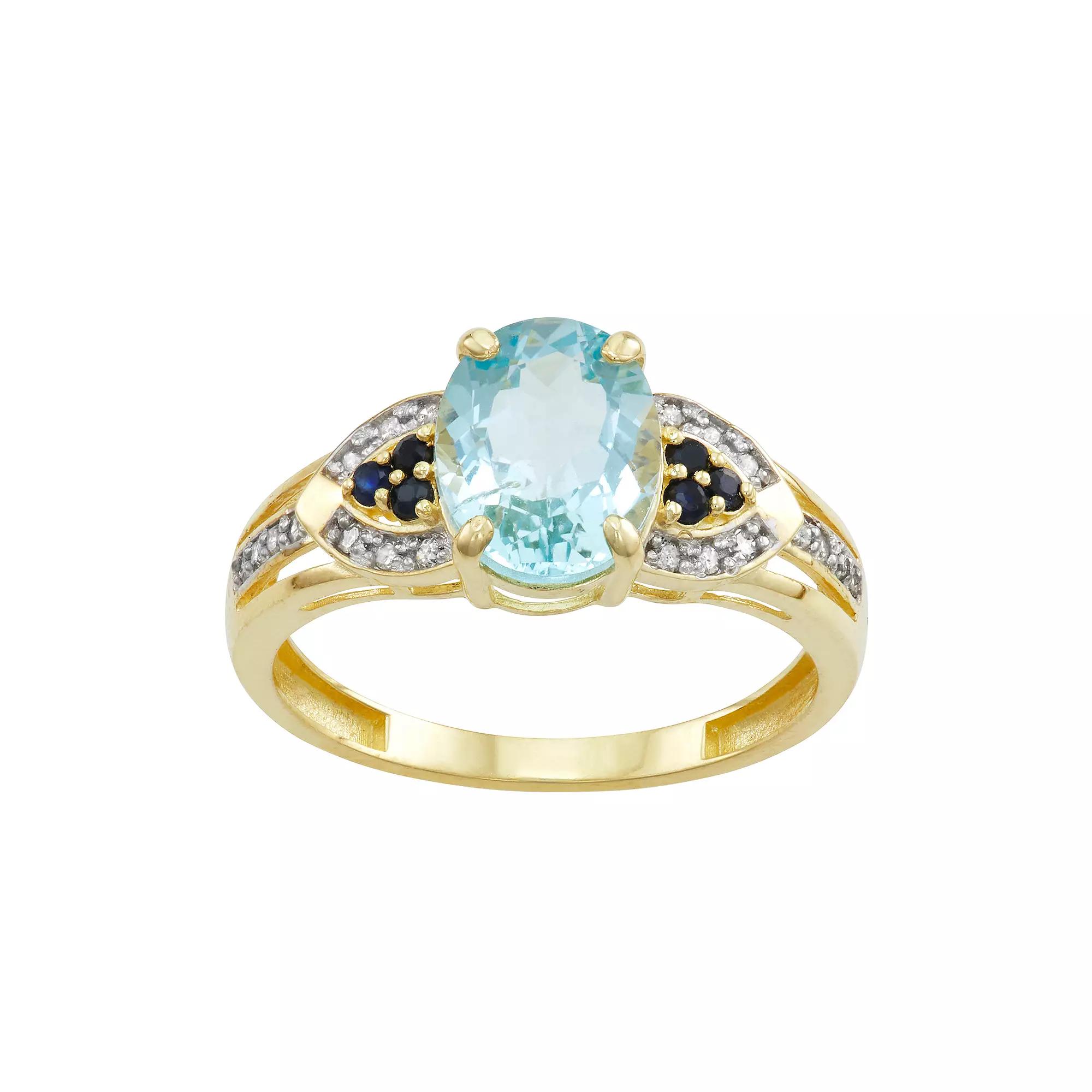 Tiara 10k Gold Aqua Sapphire Diamond Ring, Womens Product Image