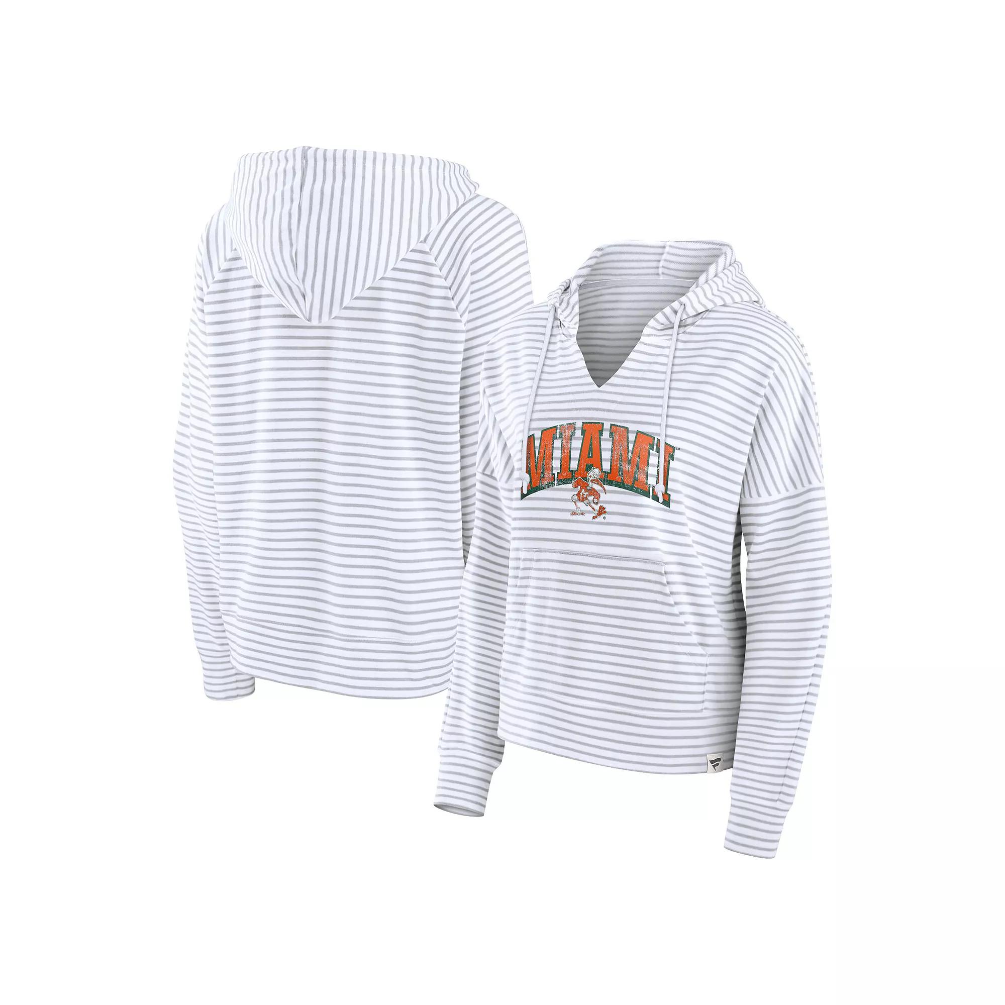 Women's Fanatics White/Gray Miami Hurricanes Arch Logo Striped Notch Neck Pullover Hoodie, Size: 2XL Product Image