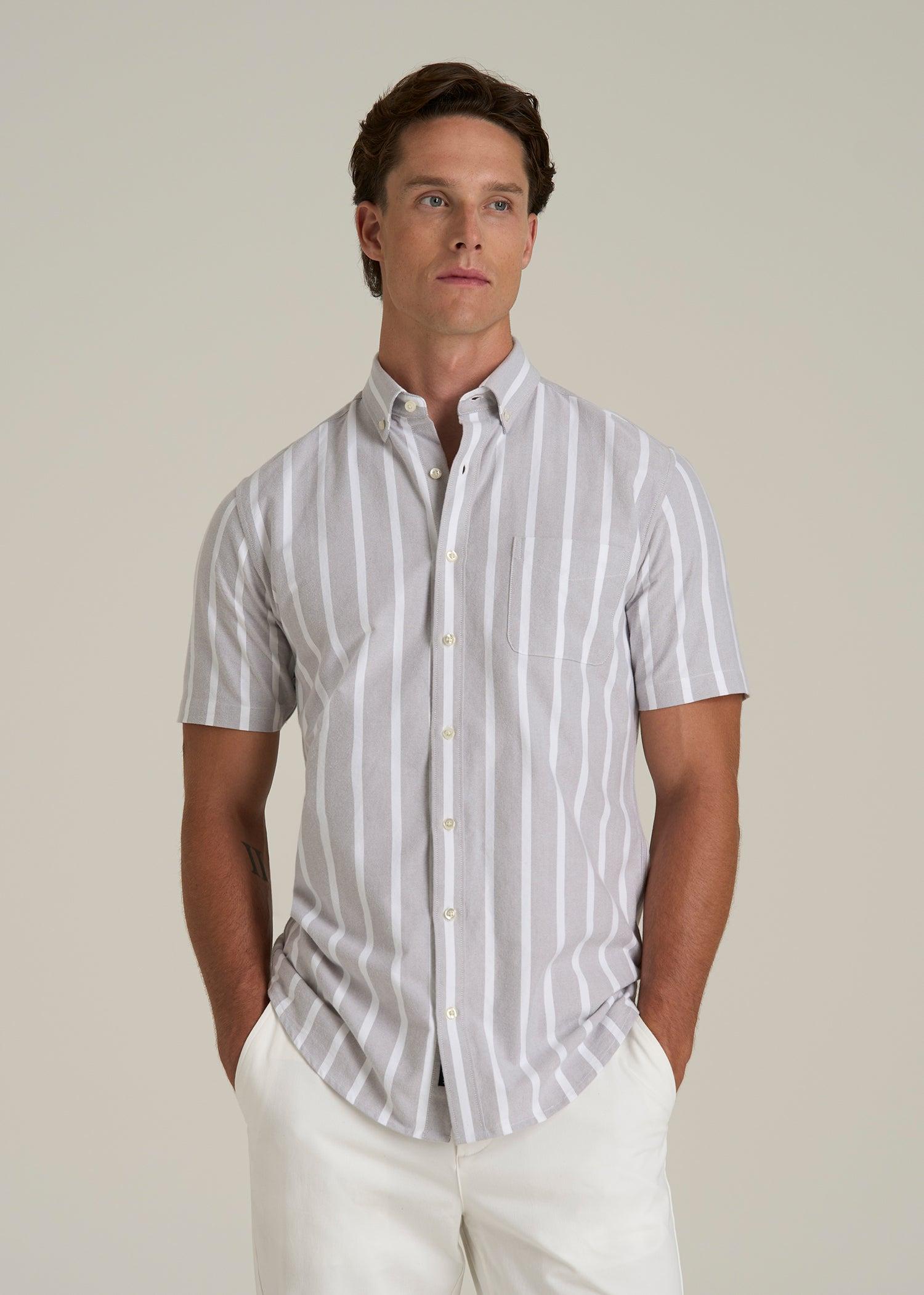 Short Sleeve Oxford Button Shirt For Tall Men in Bold Grey Stripe Male Product Image
