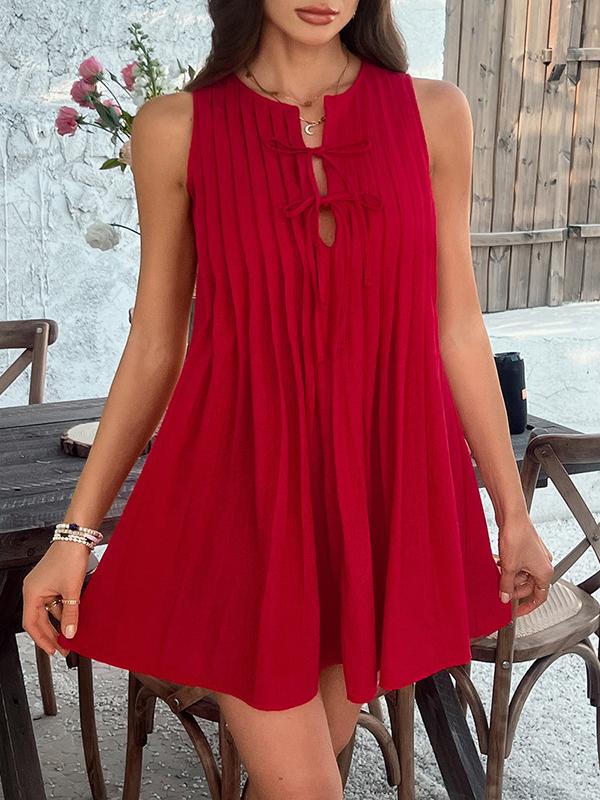 A-Line Loose Pleated Solid Color Tied Round-Neck Mini Dresses Vest Top Product Image