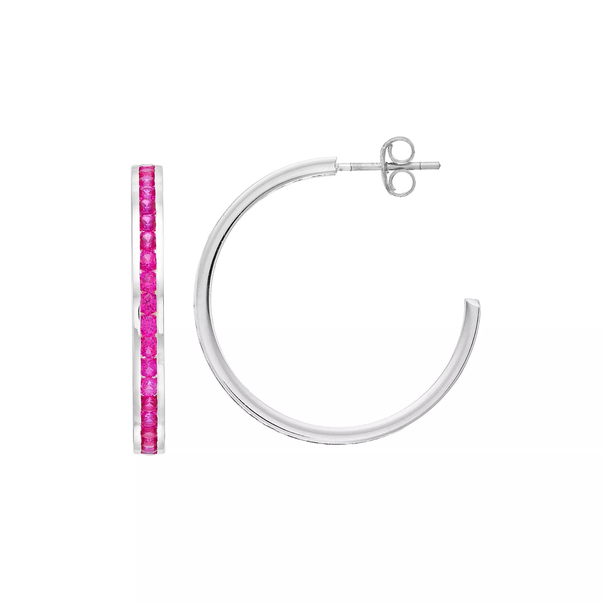 Traditions Jewelry Company Sterling Silver Channel-Set Lab-Created Ruby Birthstone Hoop Earrings, Women's Product Image