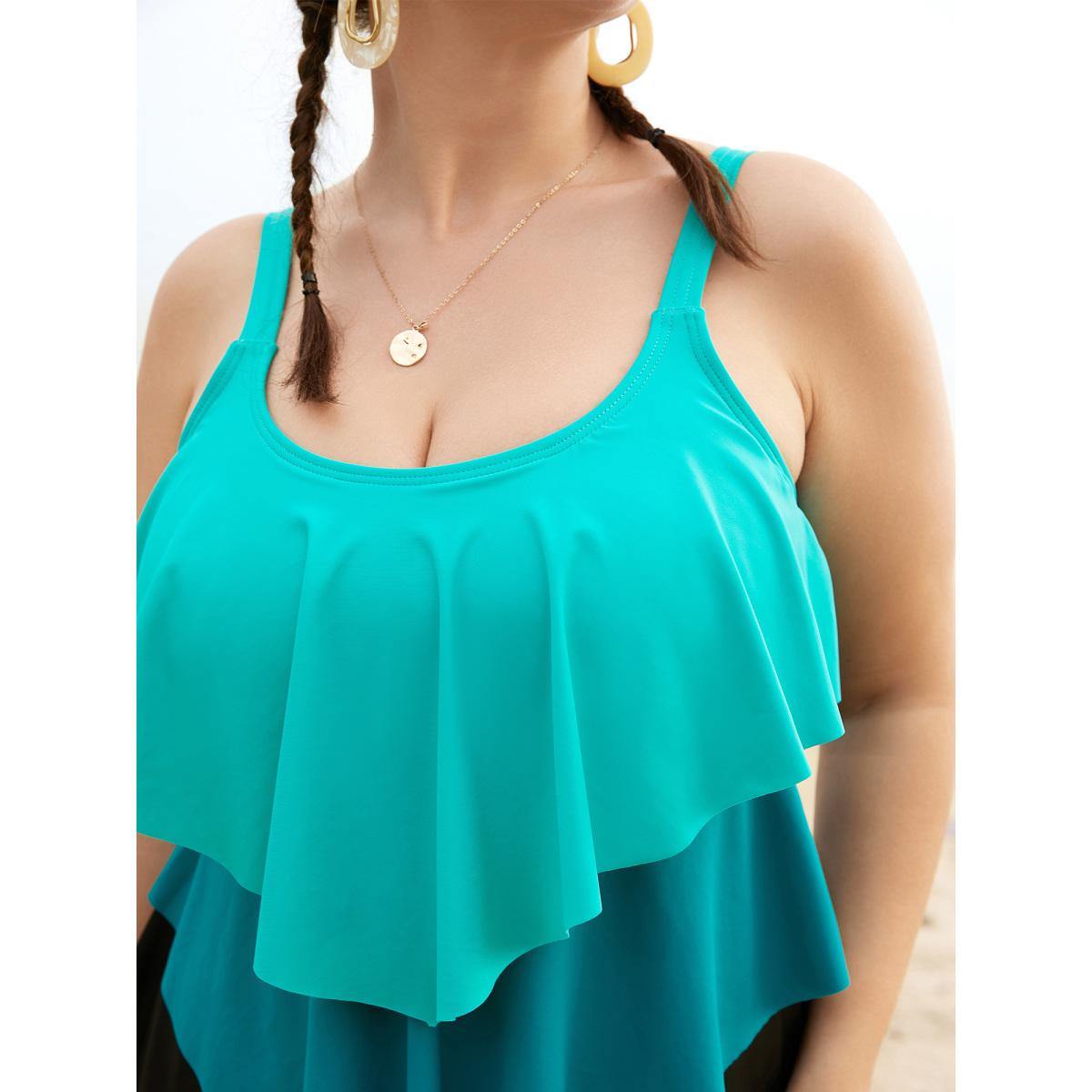 Plus Size Colorblock Contrast Ruffle Layered Hem Tankini Top Women's Swimwear Turquoise Beach Non High stretch Bodycon U-neck Curve Swim Tops BloomChic 12/L Product Image