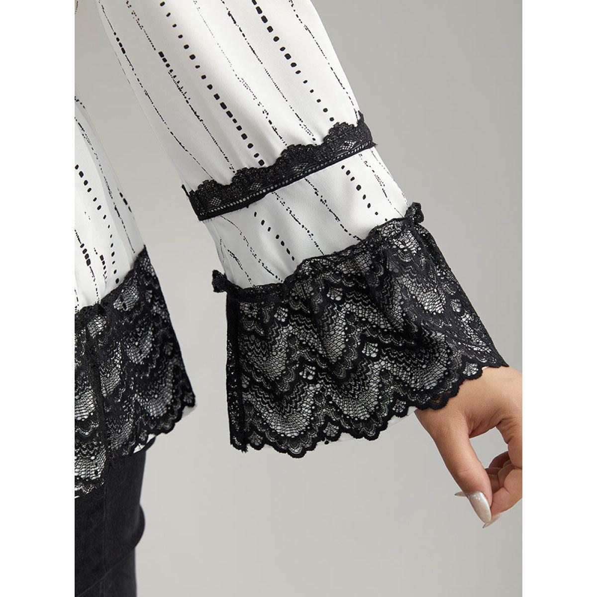 Plus Size White Dot Striped Contrast Lace Elastic Waist Blouse Women Elegant Long Sleeve Round Neck Dailywear Blouses BloomChic 26/4X Product Image