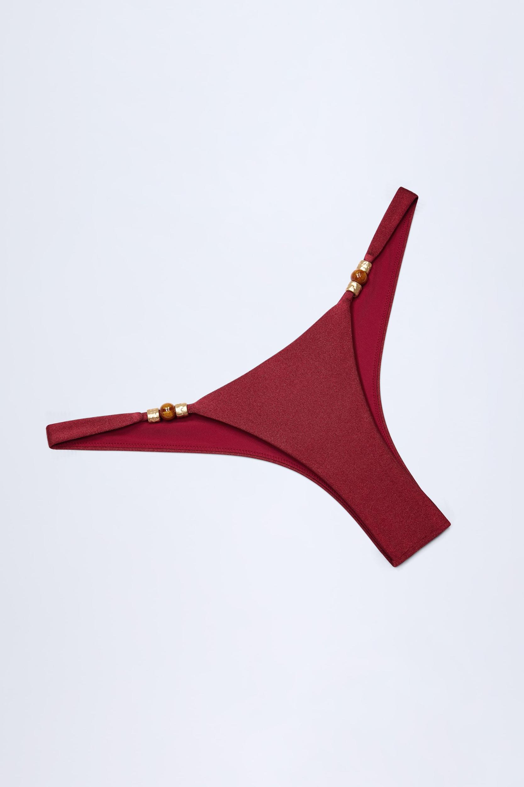 Bead-Embellished Cheeky Bikini Bottoms in Dark Cherry Product Image