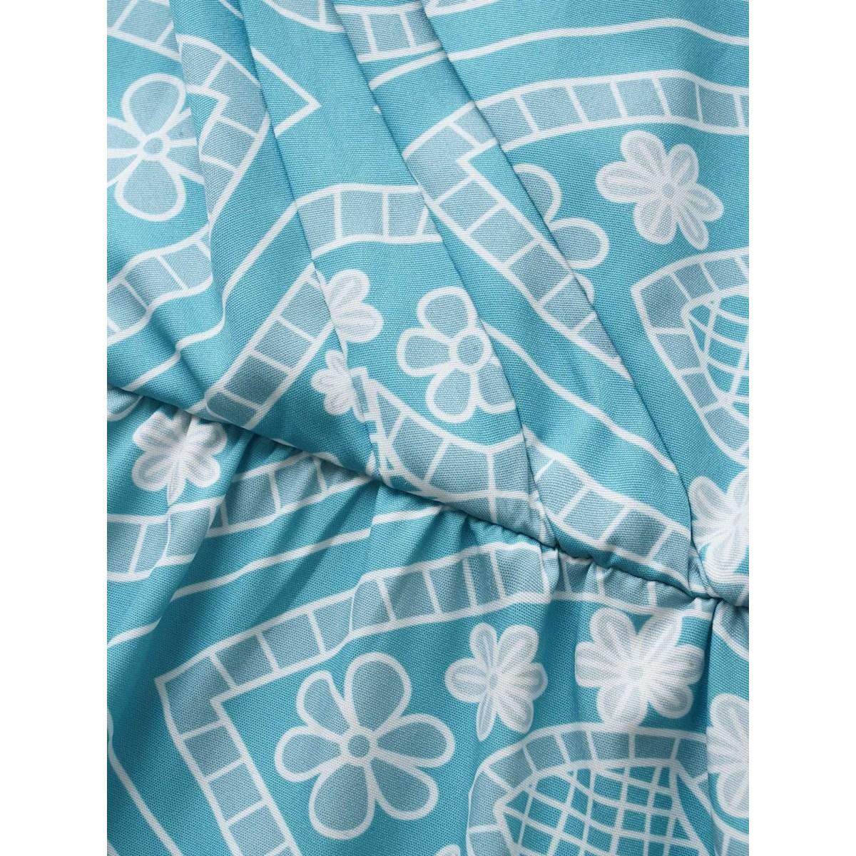 Plus Size Boho Print Scalloped Trim Split Front Dress Teal Women Resort Ruffles V-neck Cap Sleeve Curvy BloomChic 14-16/1X Product Image