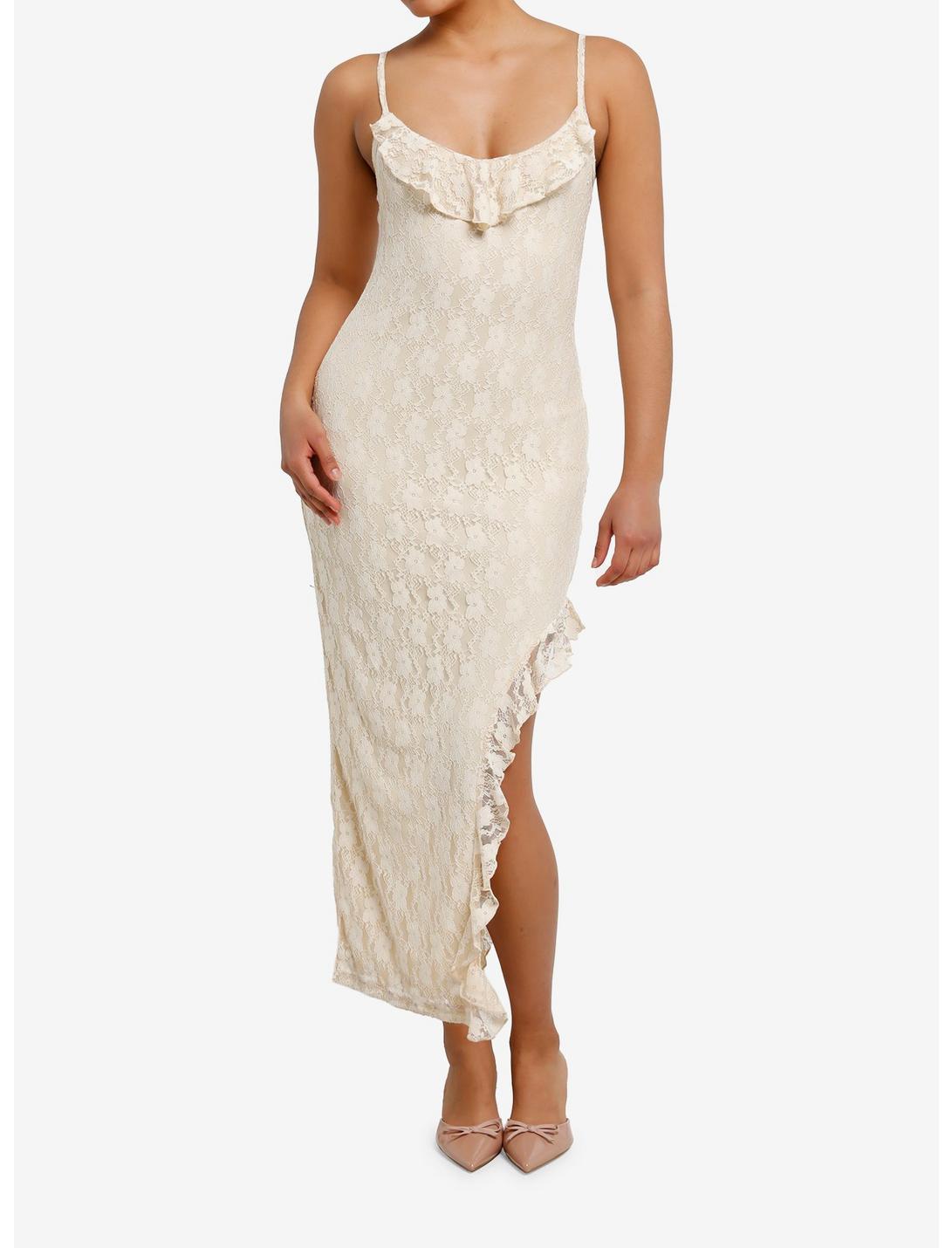 Cream Ruffle Lace Slit Midi Dress Product Image